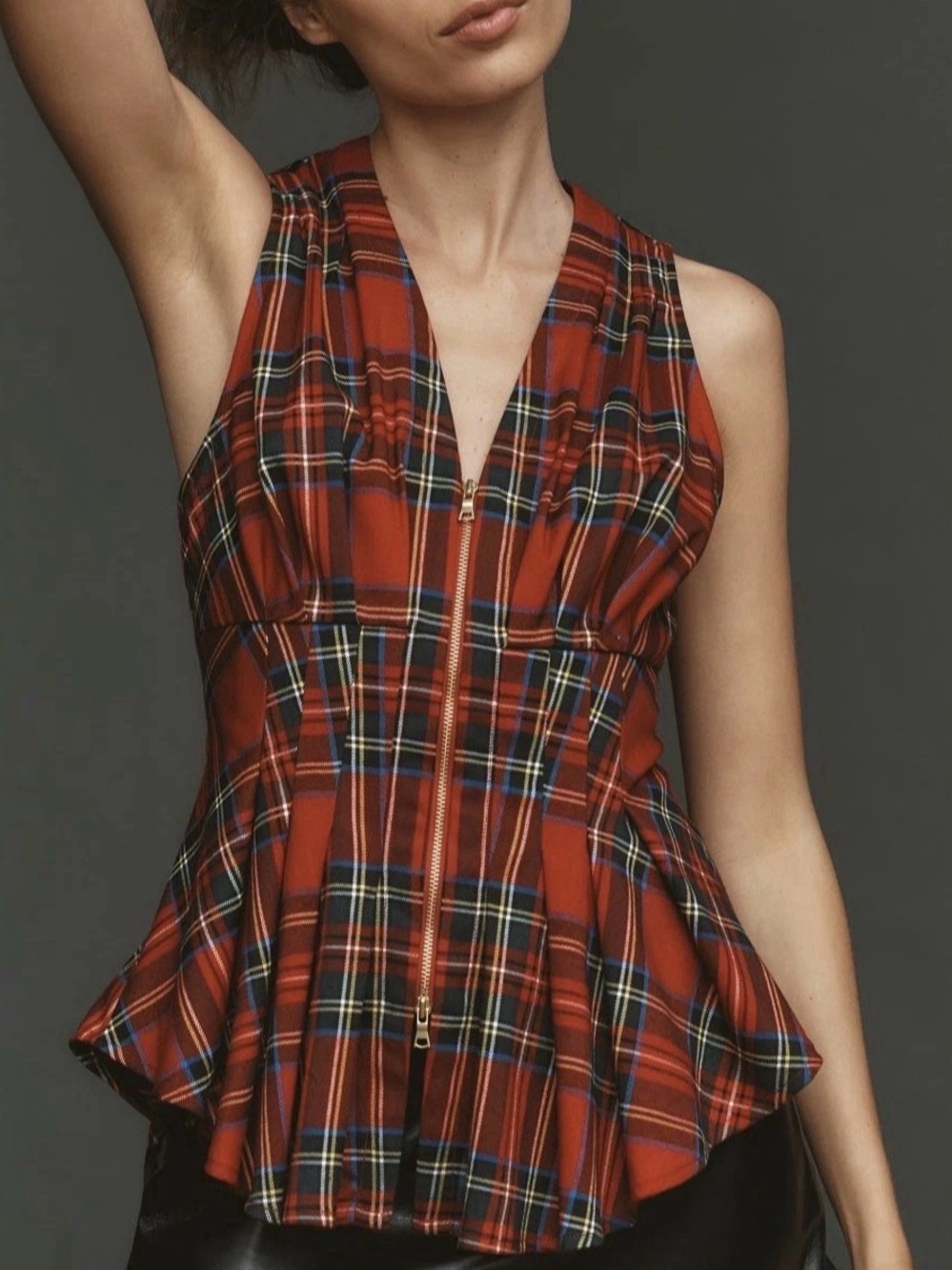 Anthropologie Medium Zip Front Plaid Punk Peplum Tank Top NWT